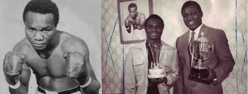 Hogan Bassey in his fighting days and later with his trophies
