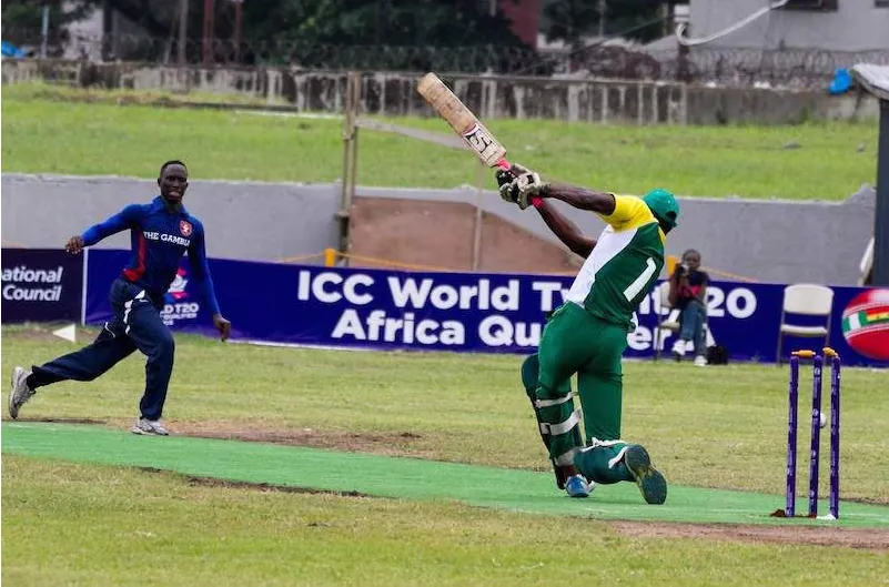 A Nigerian batter hitting out at the ICC World Twenty20 Africa Qualifier