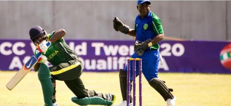 A Nigerian batter driving the ball at an ICC World Twenty20 Africa qualifier