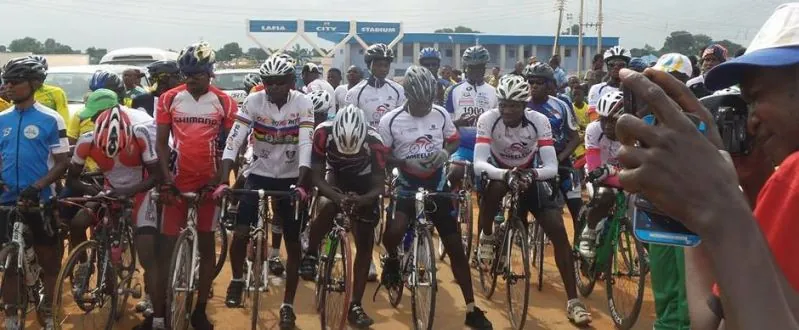 Riders lined up at the start of a Nigerian road race