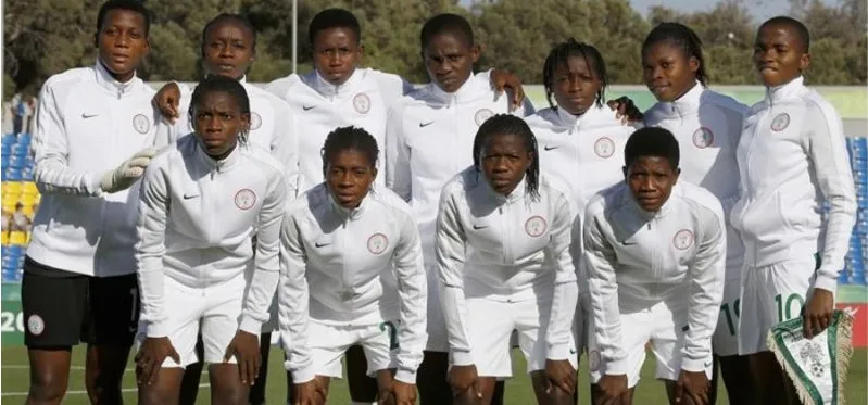 Nigeria's under-17 girls, the Flamingos, line up before an international match