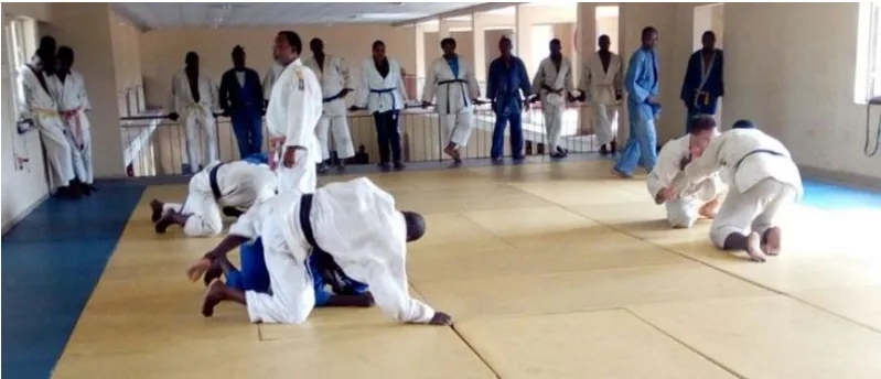 Judokas training at a Nigerian championship venue