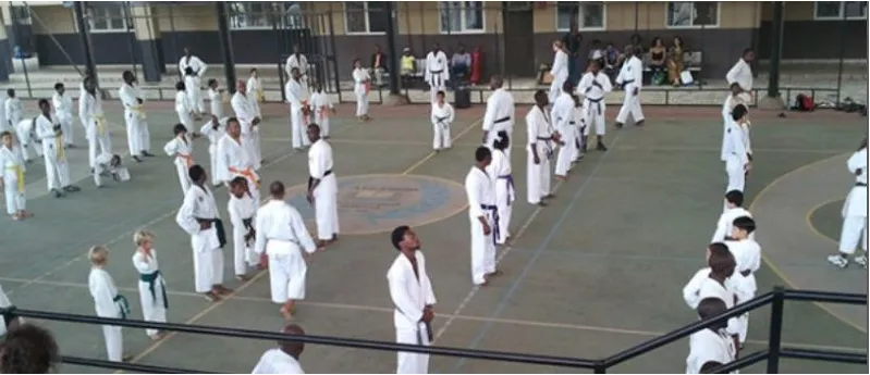 A large Nigerian karate class training on an outdoor court