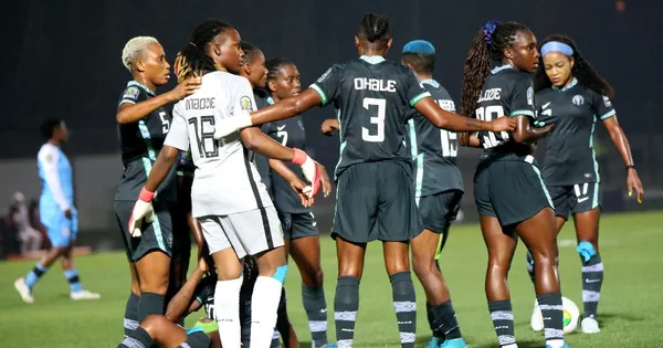 Nigeria's Super Falcons in a team huddle on the pitch