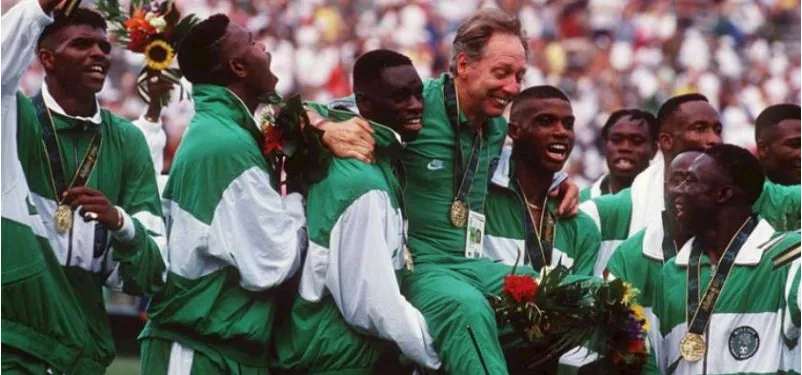 Nigeria&rsquo;s 1996 Olympic football champions celebrating with their gold medals