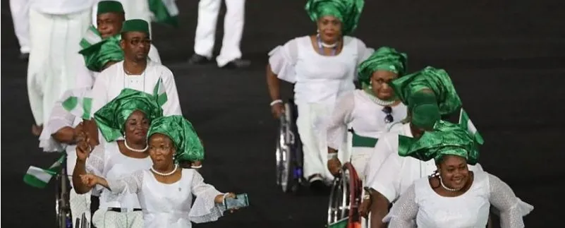 Nigeria’s Paralympic team in traditional dress at an opening ceremony