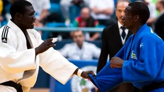 Two judokas gripping during a contest