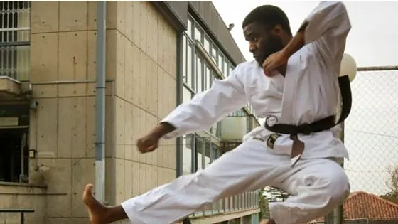 Martial artist performing a flying kick